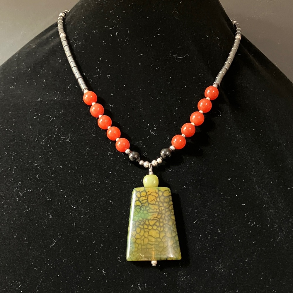 Hand-made silver, unakite, citrine, black onyx, and carnelian statement necklace
